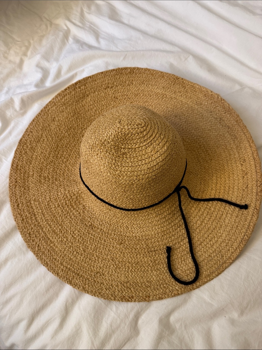 Wide-Brim Straw Sun Hat with Black Tie - Natural
